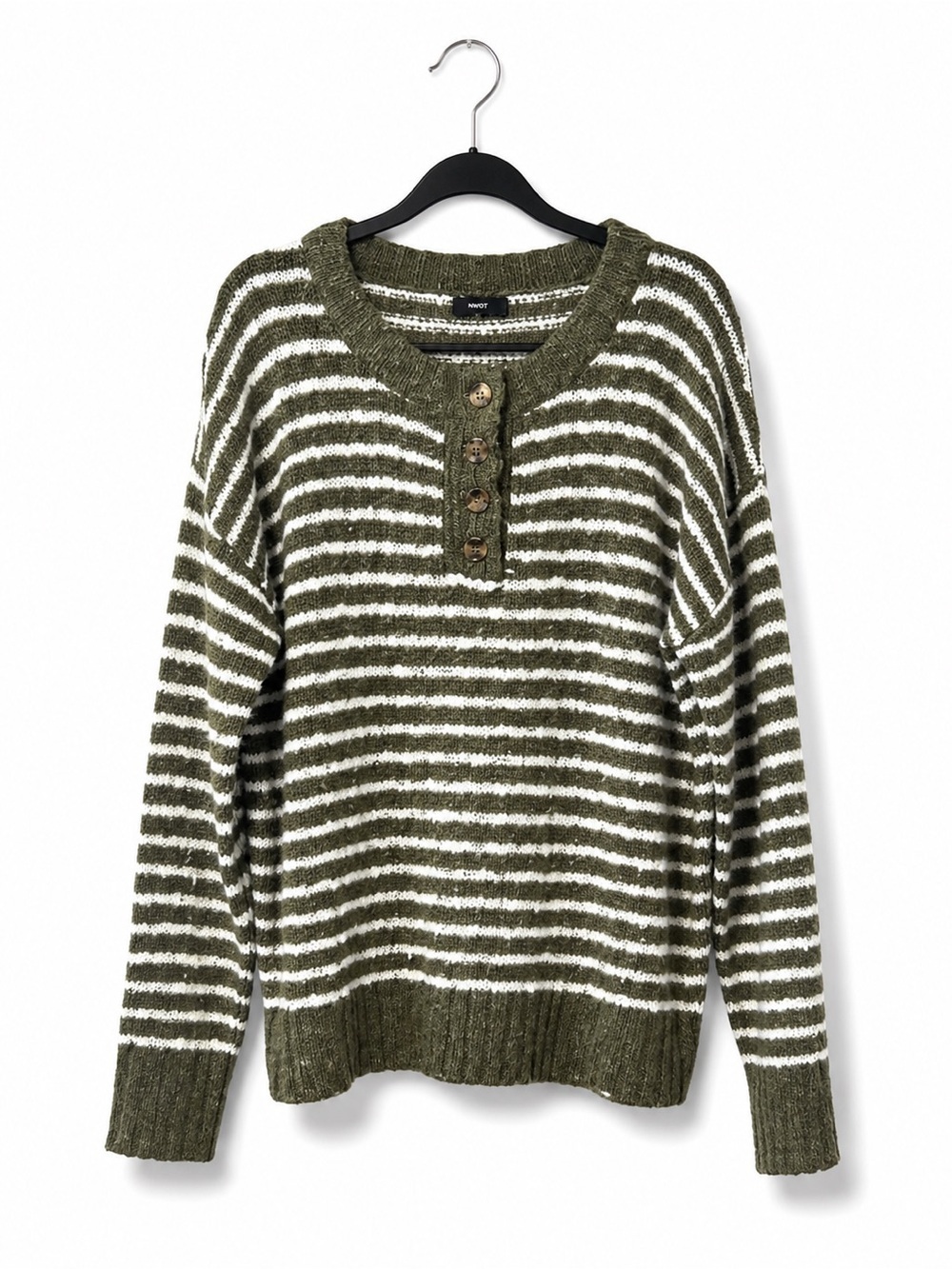 NWOT Mittoshop Olive & White Striped Crew Sweater with Buttons